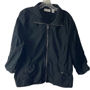 Chico's Lightweight Cropped Jacket 3=XL Black Ruched 3/4 Sleeve Zip 100% Cotton
